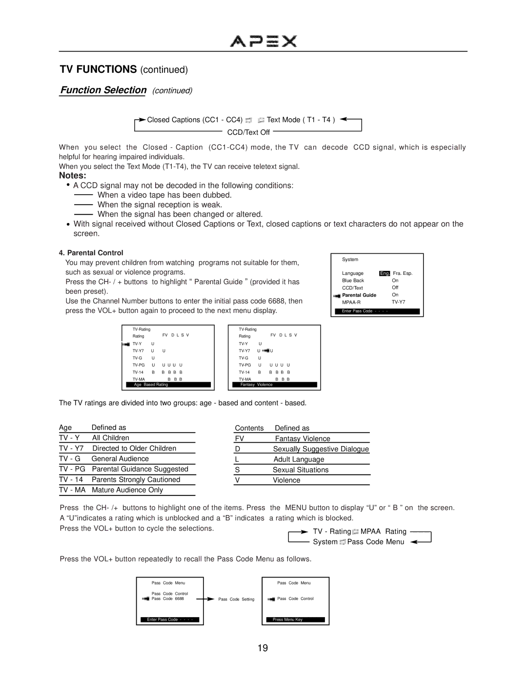 Apex Digital GT2015DV operation manual Parental Control 