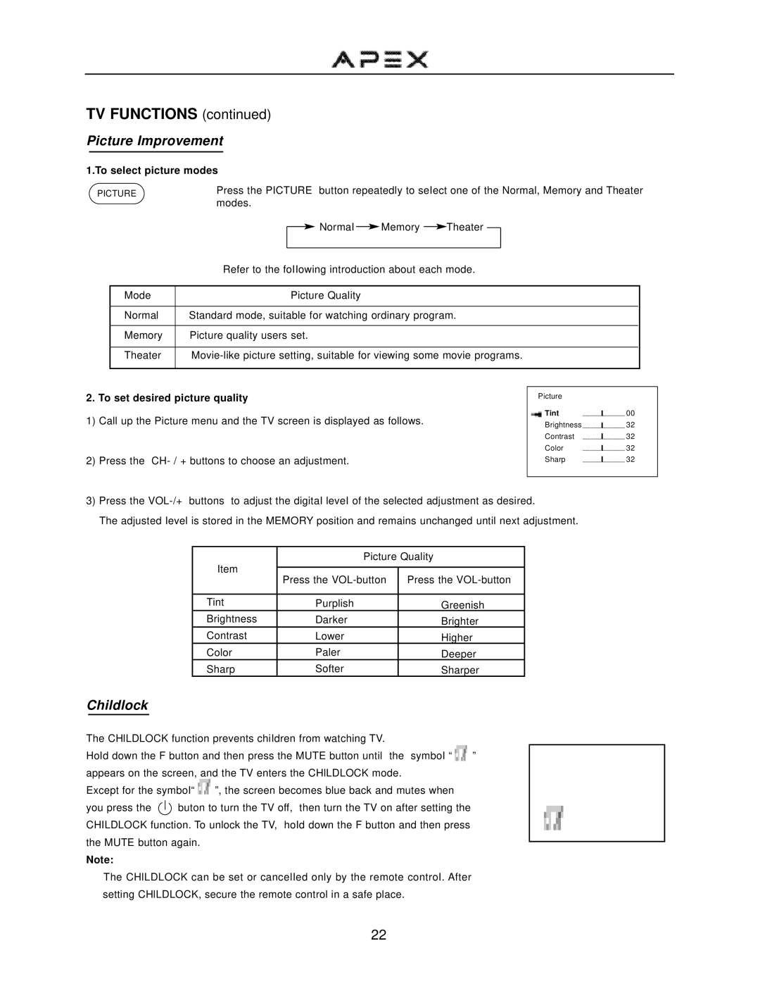 Apex Digital GT2015DV operation manual To seIect picture modes, To set desired picture quality 