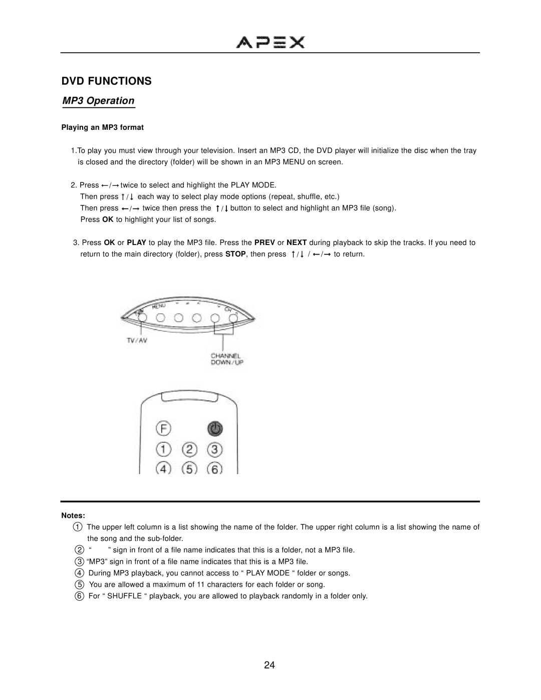 Apex Digital GT2015DV operation manual DVD Functions, MP3 Operation, Playing an MP3 format 