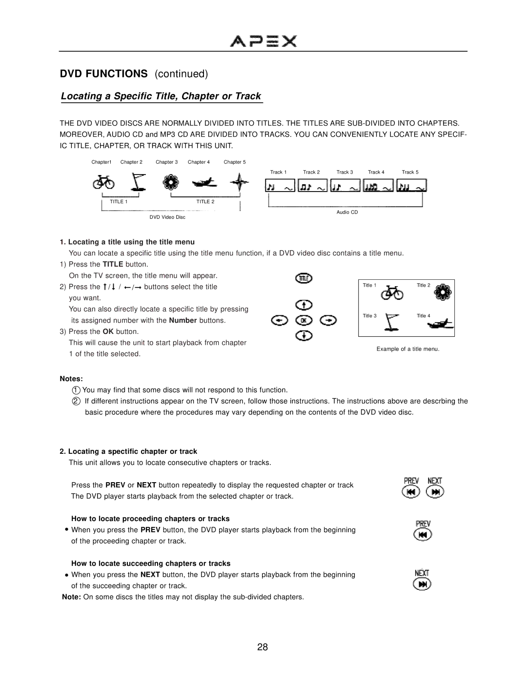 Apex Digital GT2015DV operation manual Locating a Specific Title, Chapter or Track, Locating a spectific chapter or track 