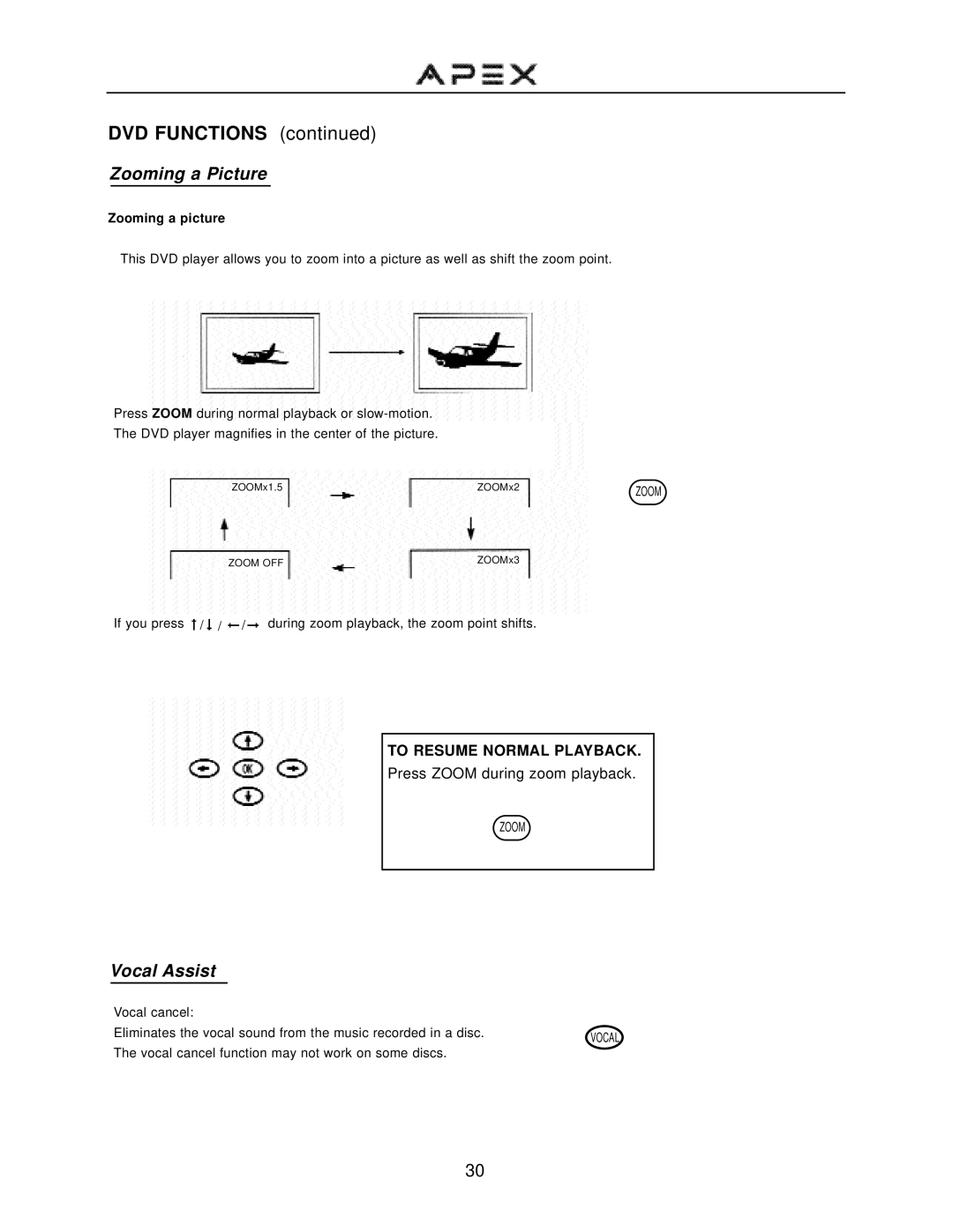 Apex Digital GT2015DV operation manual Zooming a Picture, Vocal Assist, Zooming a picture 