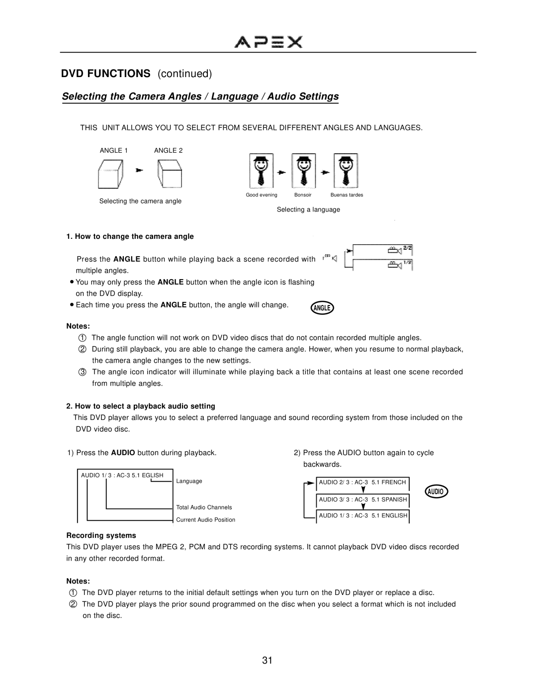 Apex Digital GT2015DV Selecting the Camera Angles / Language / Audio Settings, How to change the camera angle 