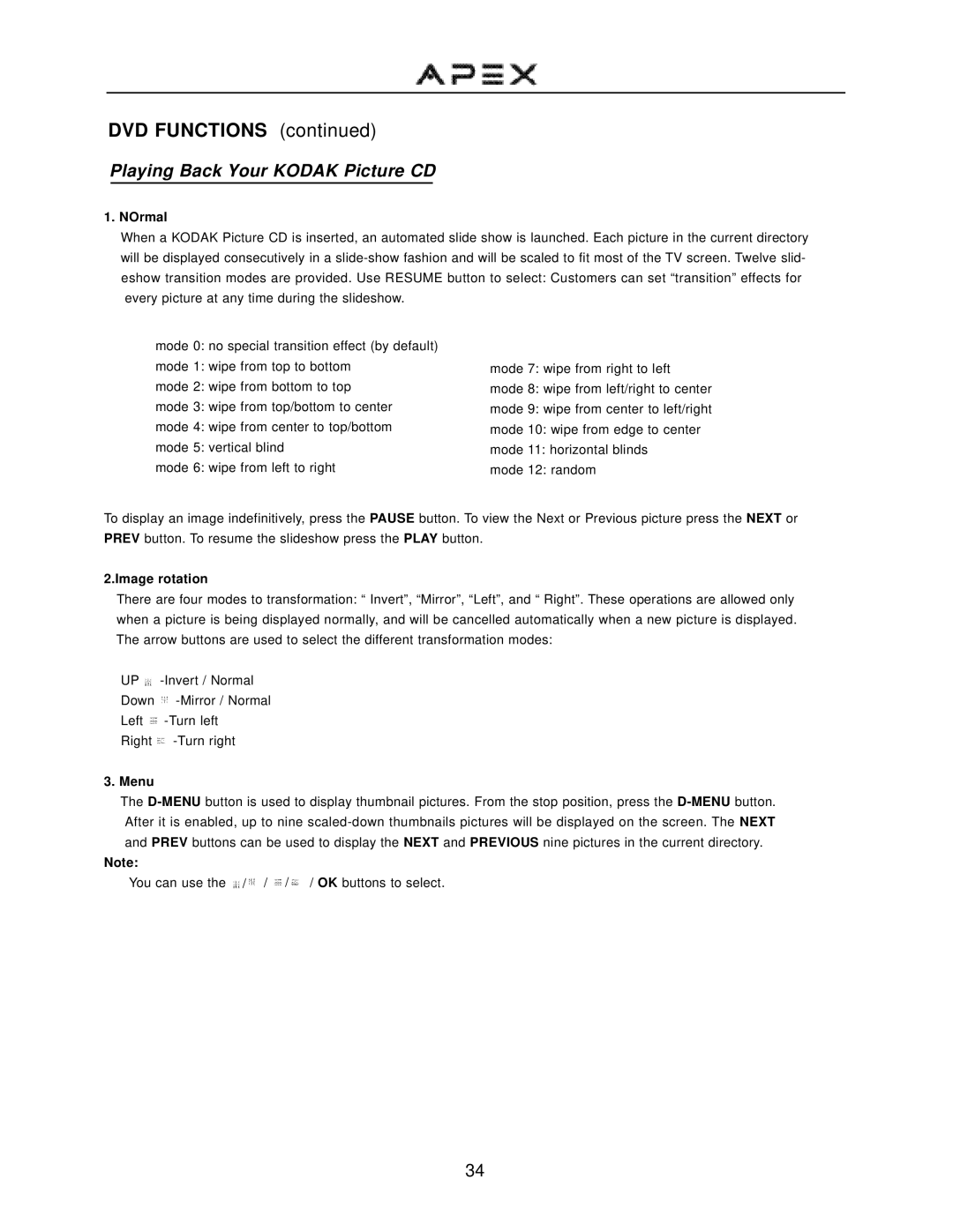 Apex Digital GT2015DV operation manual Playing Back Your Kodak Picture CD, NOrmal, Image rotation, Menu 