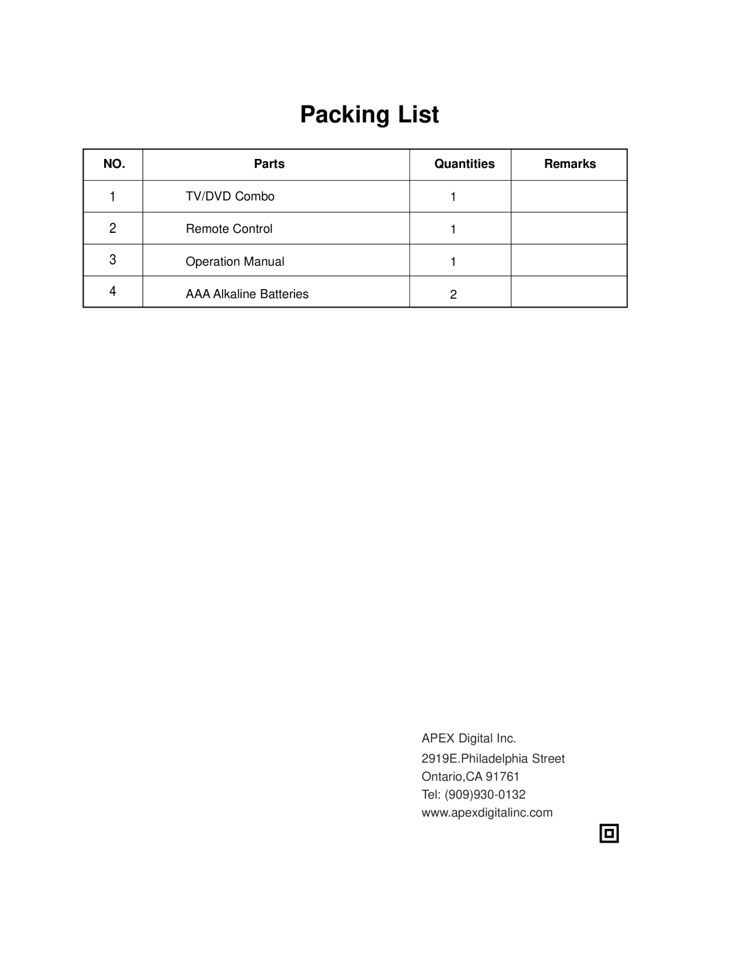 Apex Digital GT2015DV operation manual Packing List 