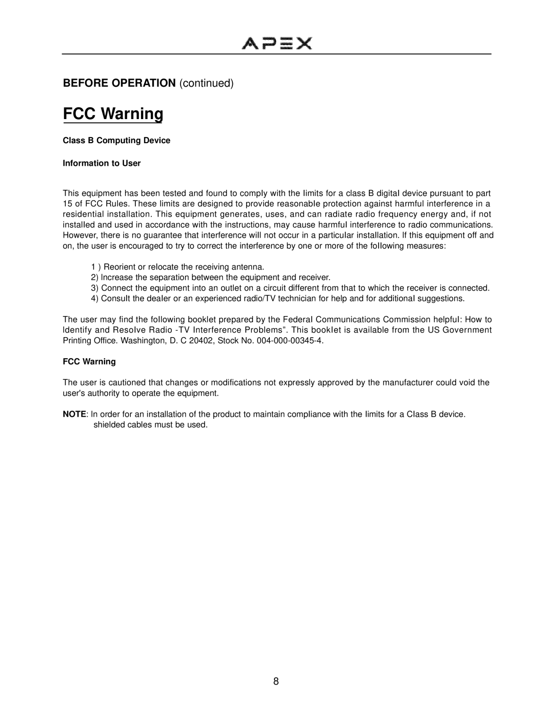 Apex Digital GT2715DV operation manual FCC Warning 