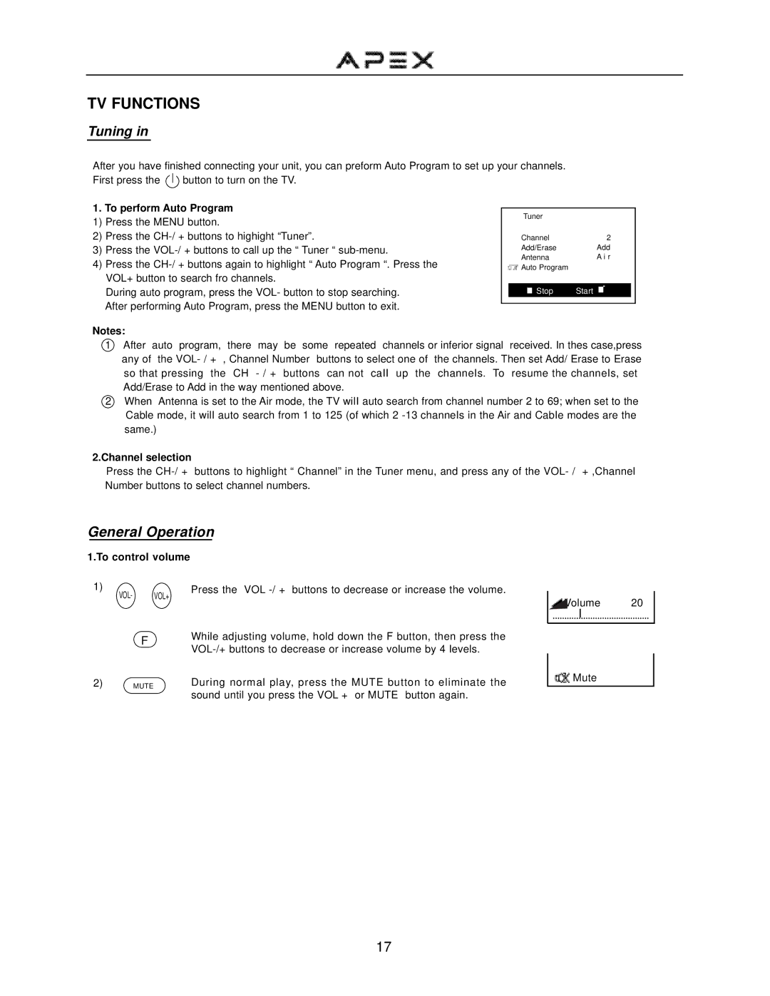 Apex Digital GT2715DV operation manual General Operation, To perform Auto Program, Channel selection, To control volume 