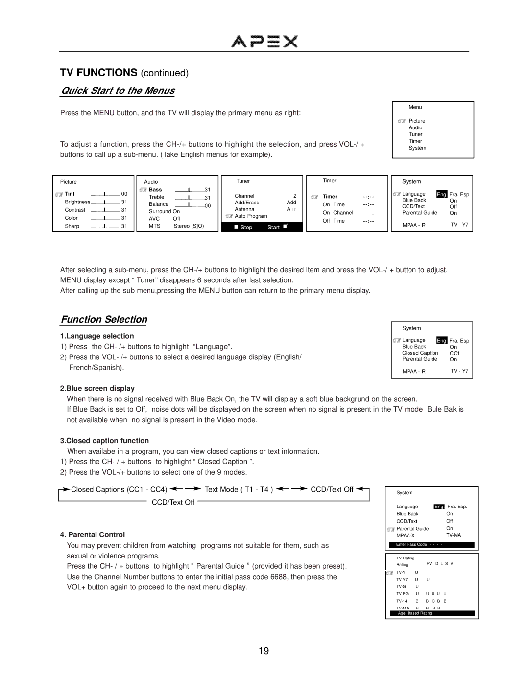 Apex Digital GT2715DV operation manual Function Selection, Quick Start to the Menus 