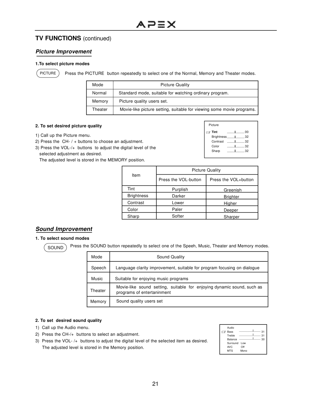 Apex Digital GT2715DV Sound Improvement, To seIect picture modes, To set desired picture quality, To seIect sound modes 