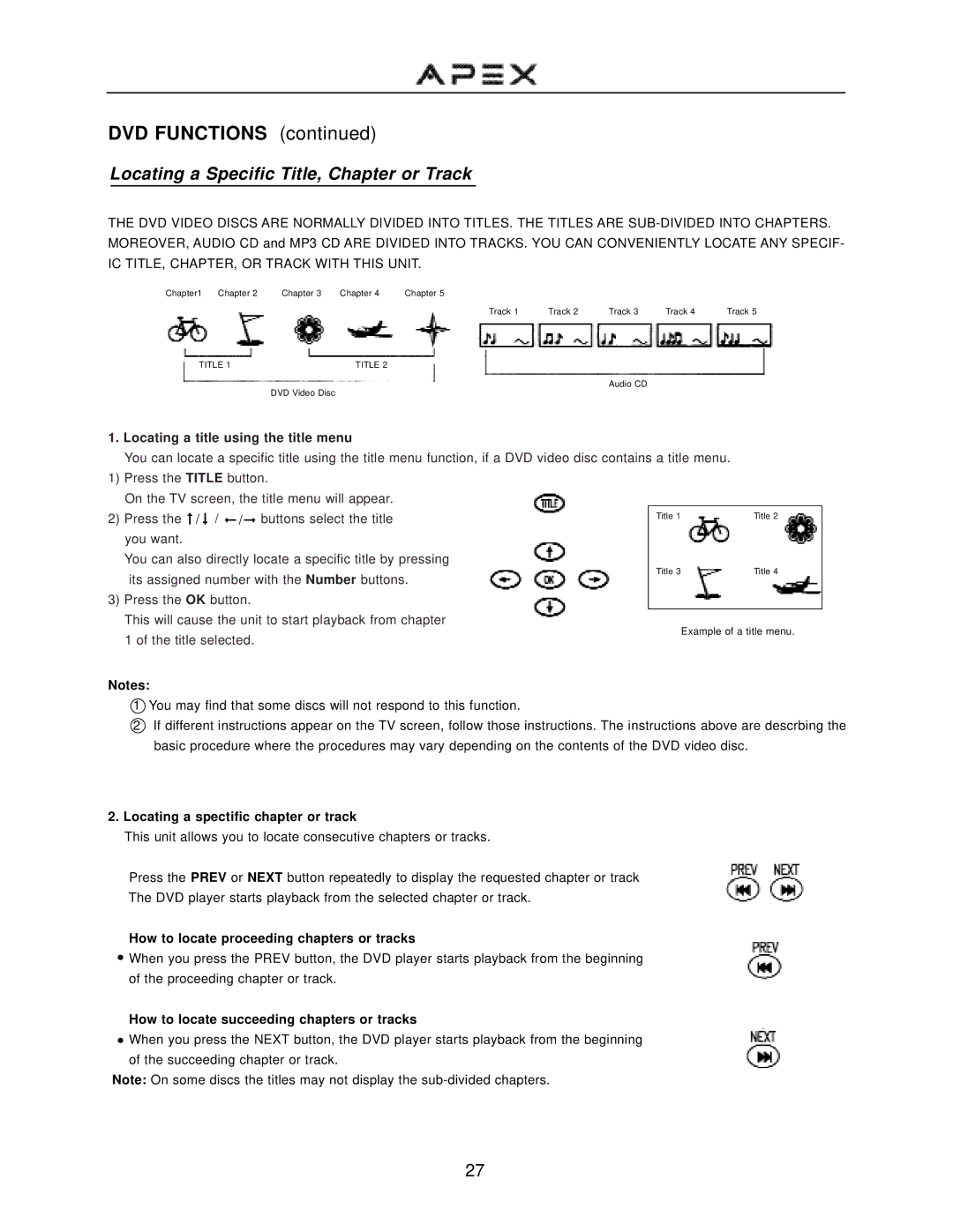 Apex Digital GT2715DV operation manual Locating a Specific Title, Chapter or Track, Locating a spectific chapter or track 