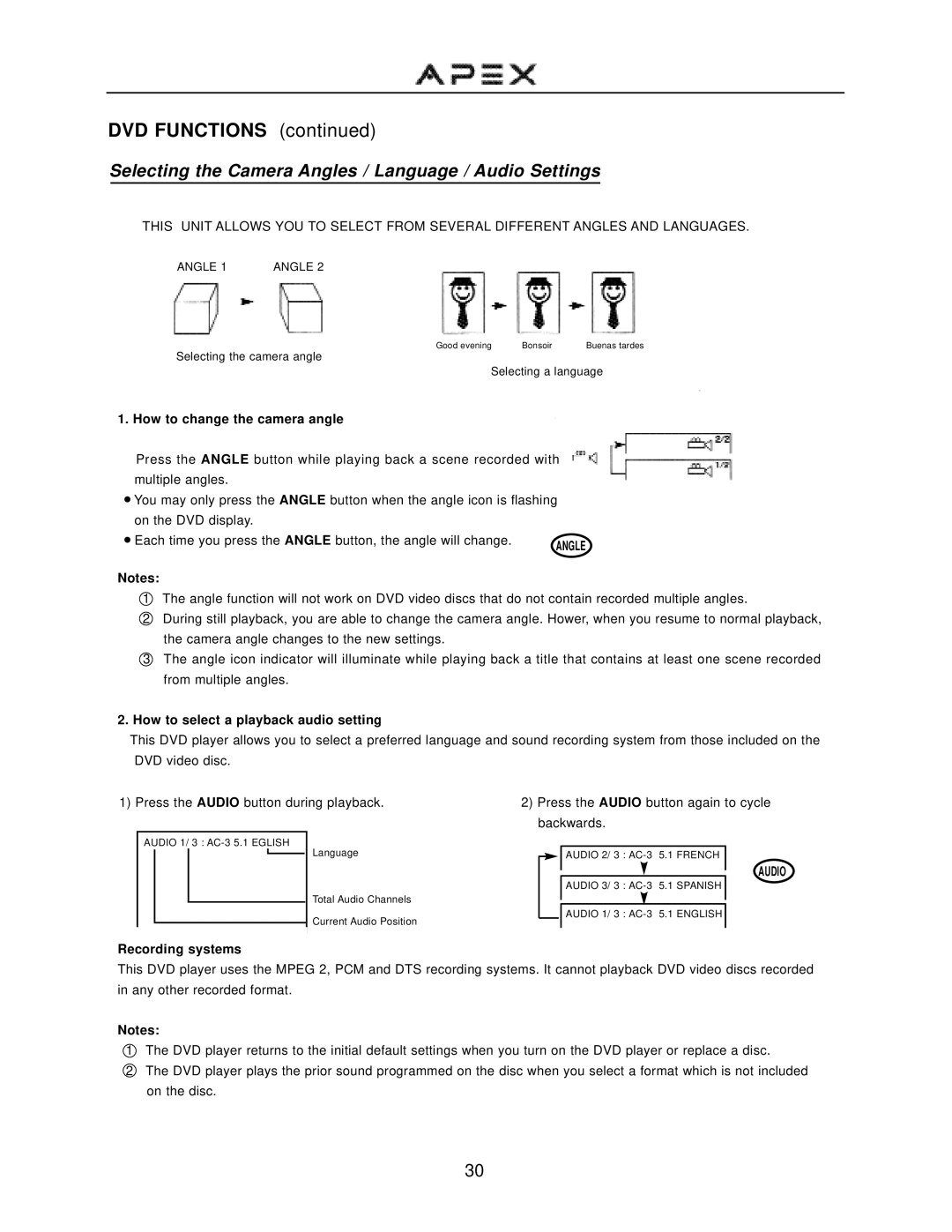 Apex Digital GT2715DV Selecting the Camera Angles / Language / Audio Settings, How to change the camera angle 