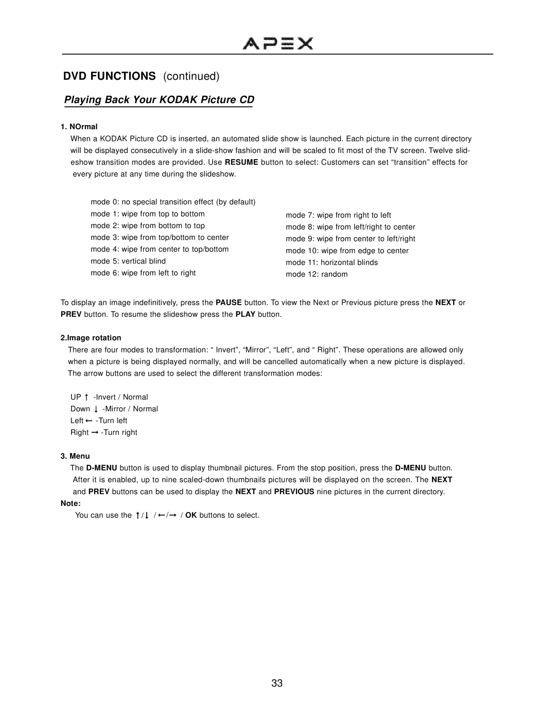 Apex Digital GT2715DV operation manual Playing Back Your Kodak Picture CD, NOrmal, Image rotation, Menu 