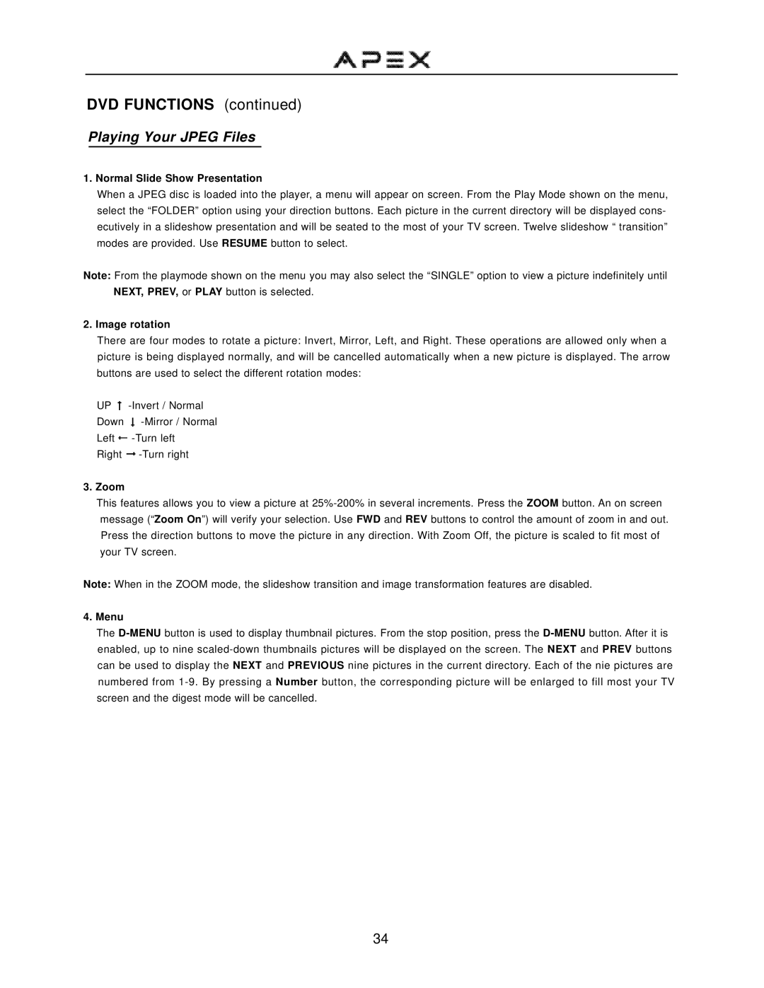 Apex Digital GT2715DV operation manual Playing Your Jpeg Files, Normal Slide Show Presentation, Zoom 