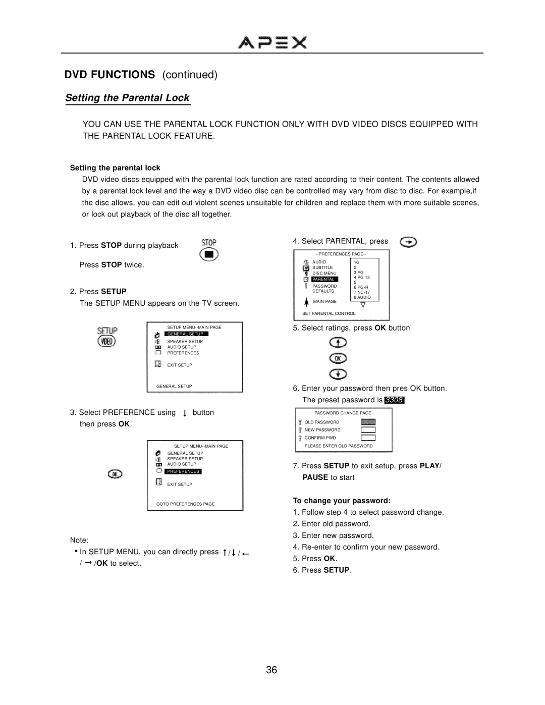 Apex Digital GT2715DV operation manual Setting the Parental Lock, Setting the parental lock, To change your password 