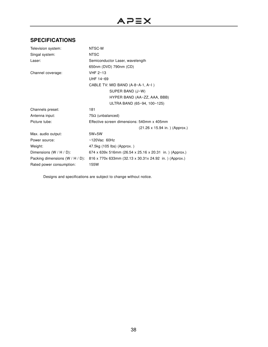 Apex Digital GT2715DV operation manual Specifications 