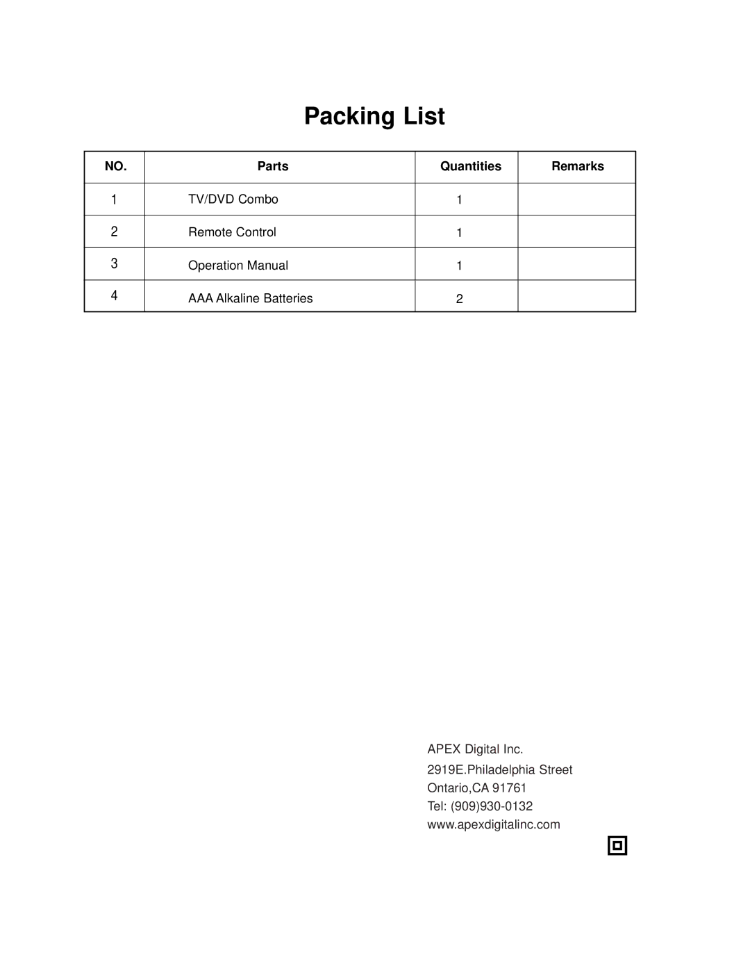 Apex Digital GT2715DV operation manual Packing List 
