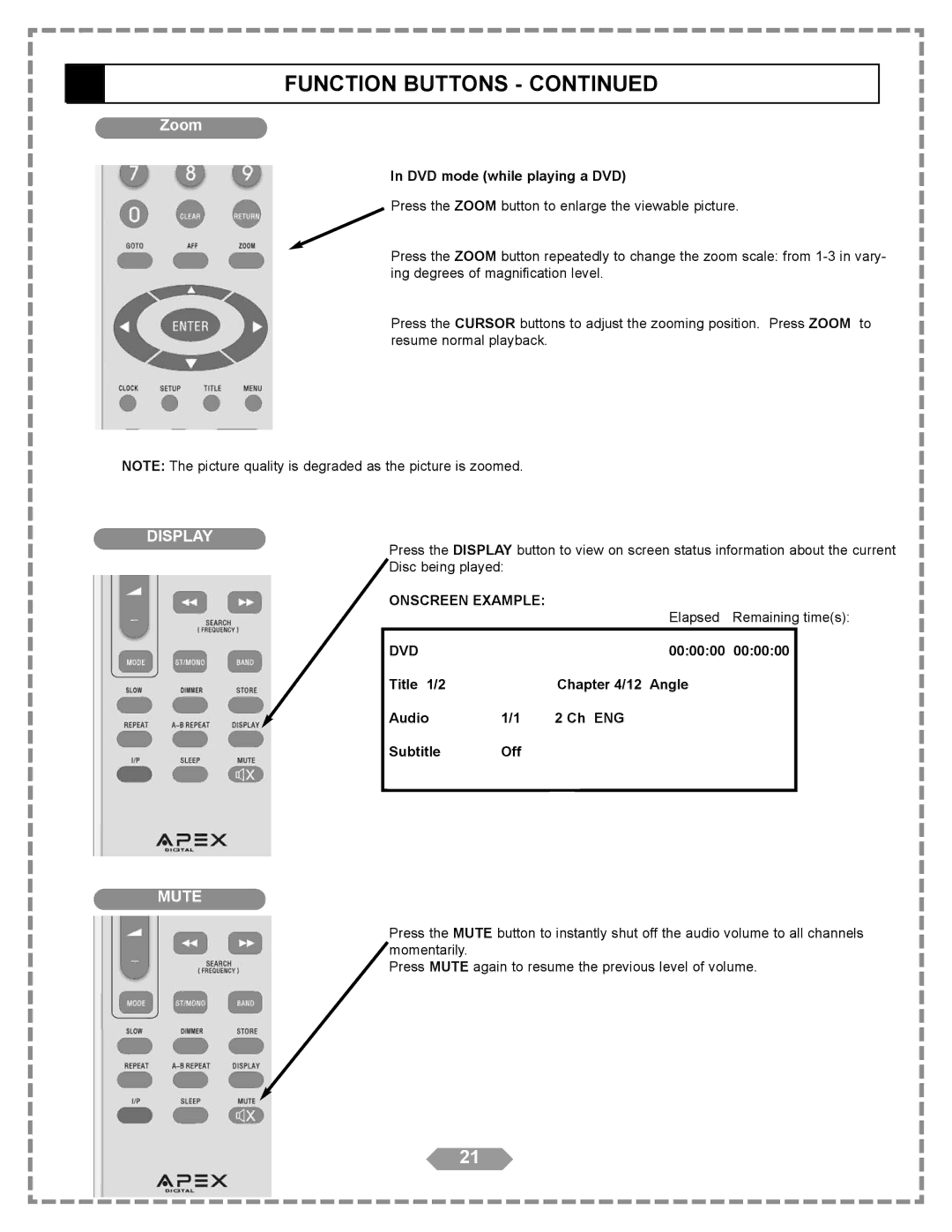 Apex Digital HT-175 manual Zoom, DVD mode while playing a DVD, Elapsed, Title 1/2 12 Angle Audio Ch ENG Subtitle Off 