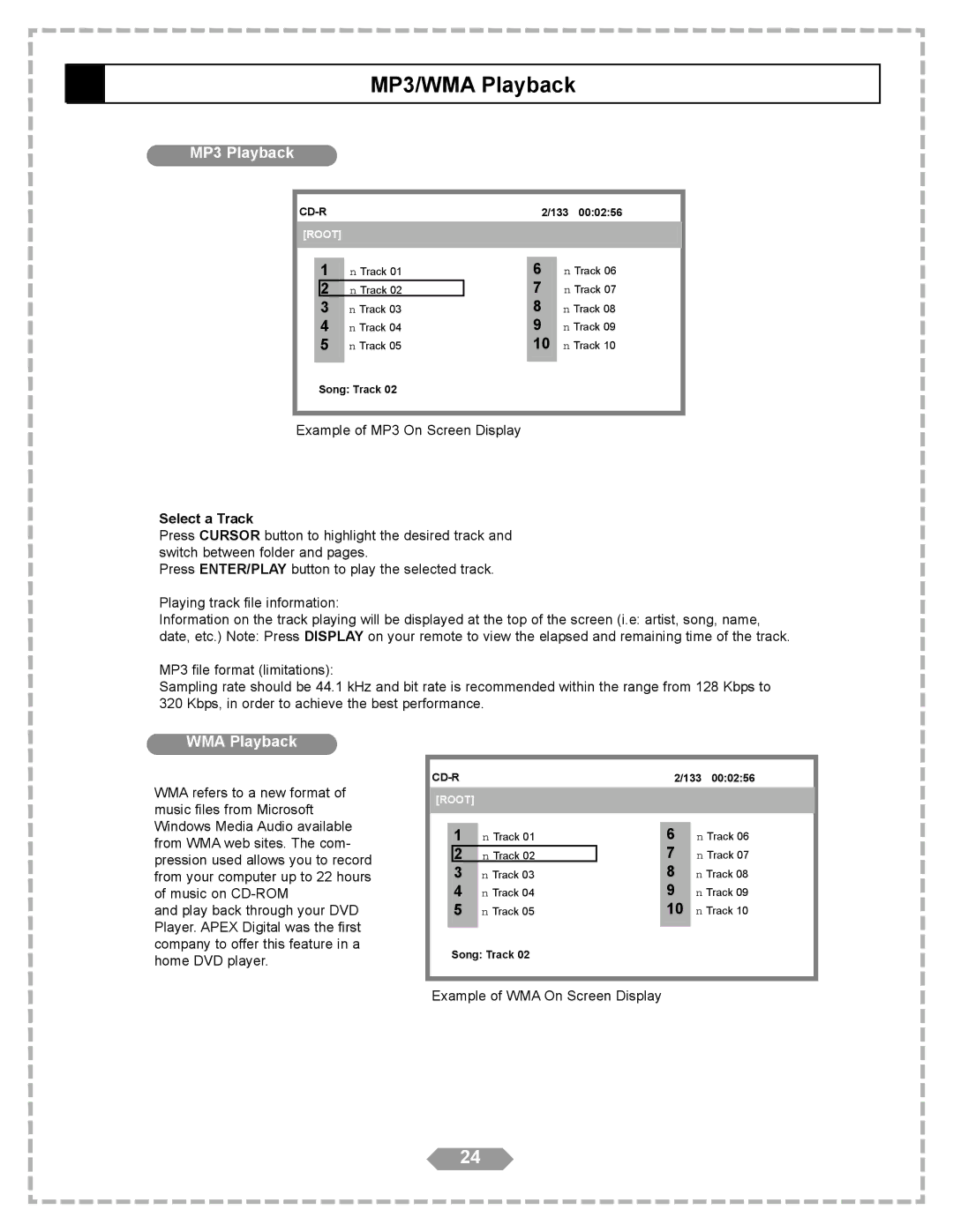 Apex Digital HT-175 manual MP3 Playback, WMA Playback, Select a Track 