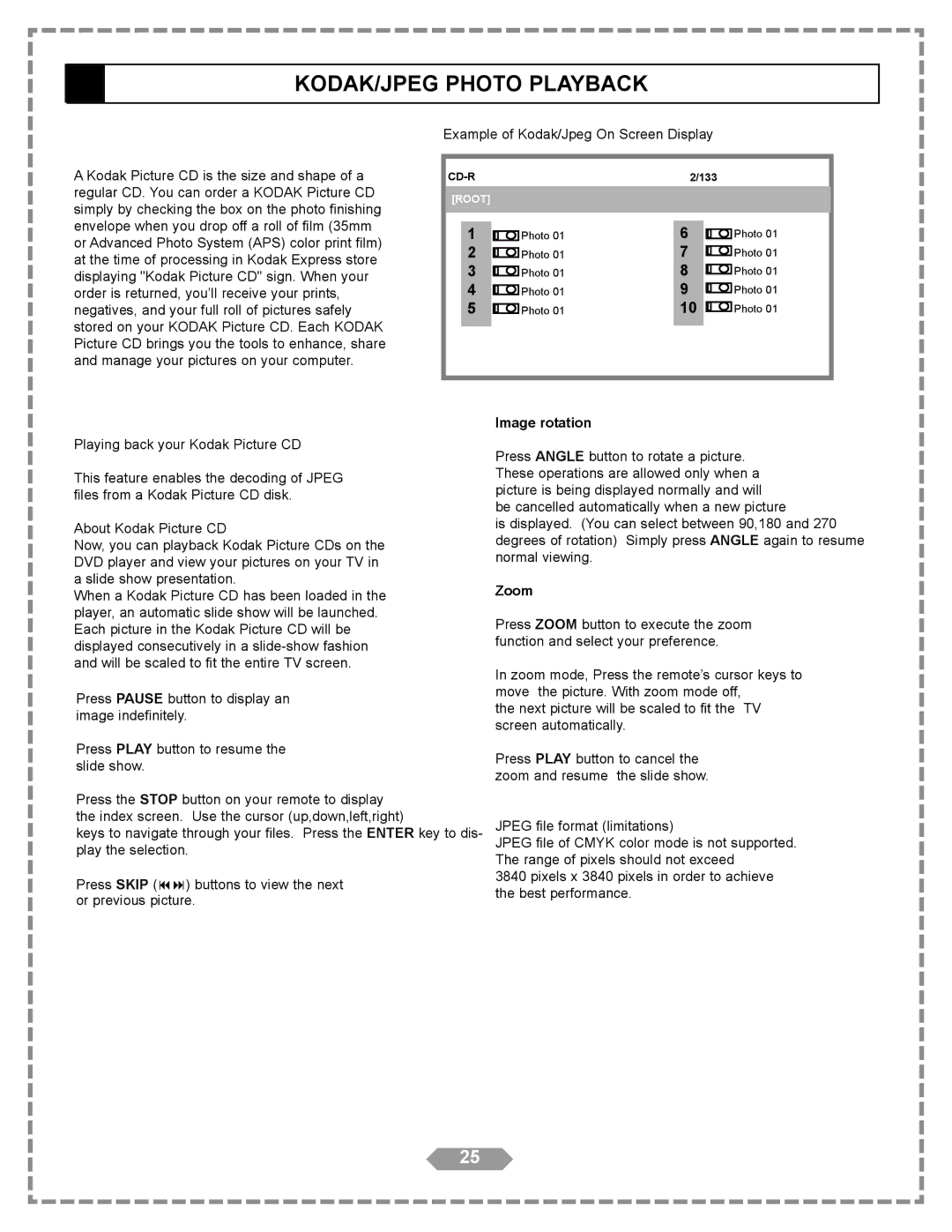 Apex Digital HT-175 manual KODAK/JPEG Photo Playback, Image rotation, Zoom 