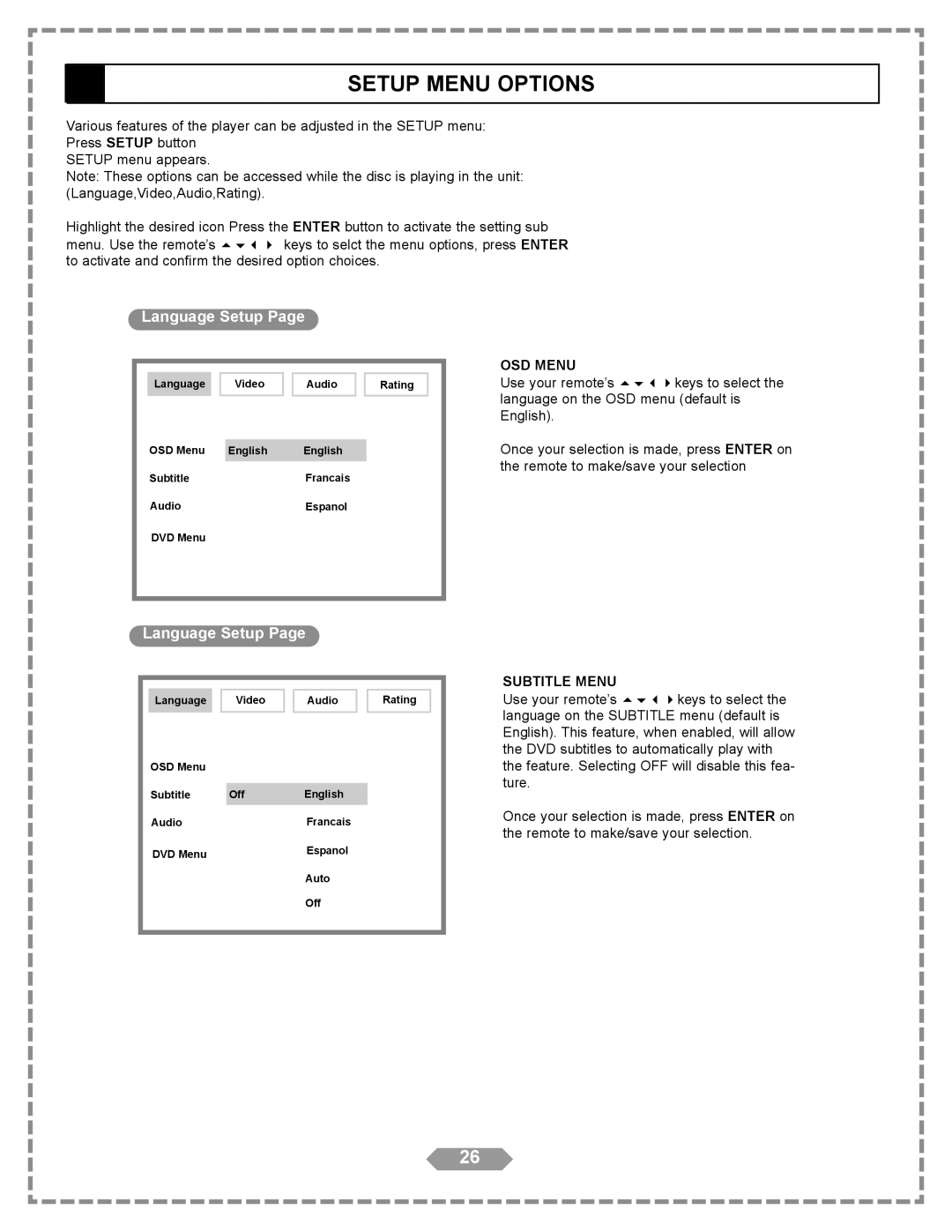 Apex Digital HT-175 manual Setup Menu Options, Language Setup 