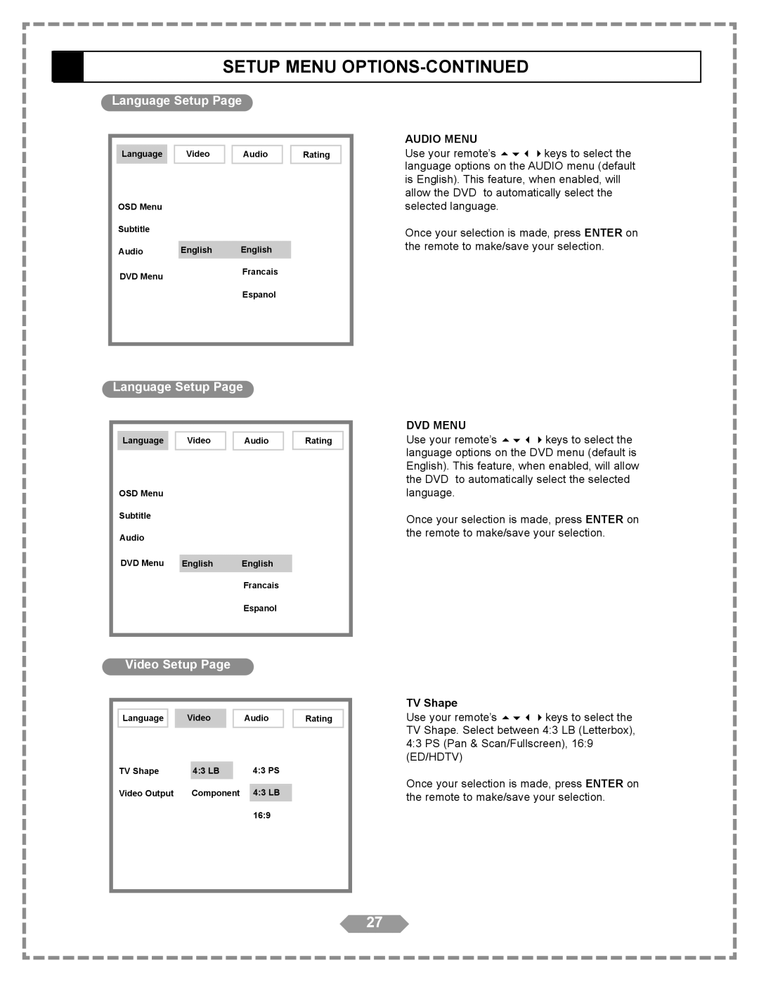 Apex Digital HT-175 manual Video Setup, TV Shape 