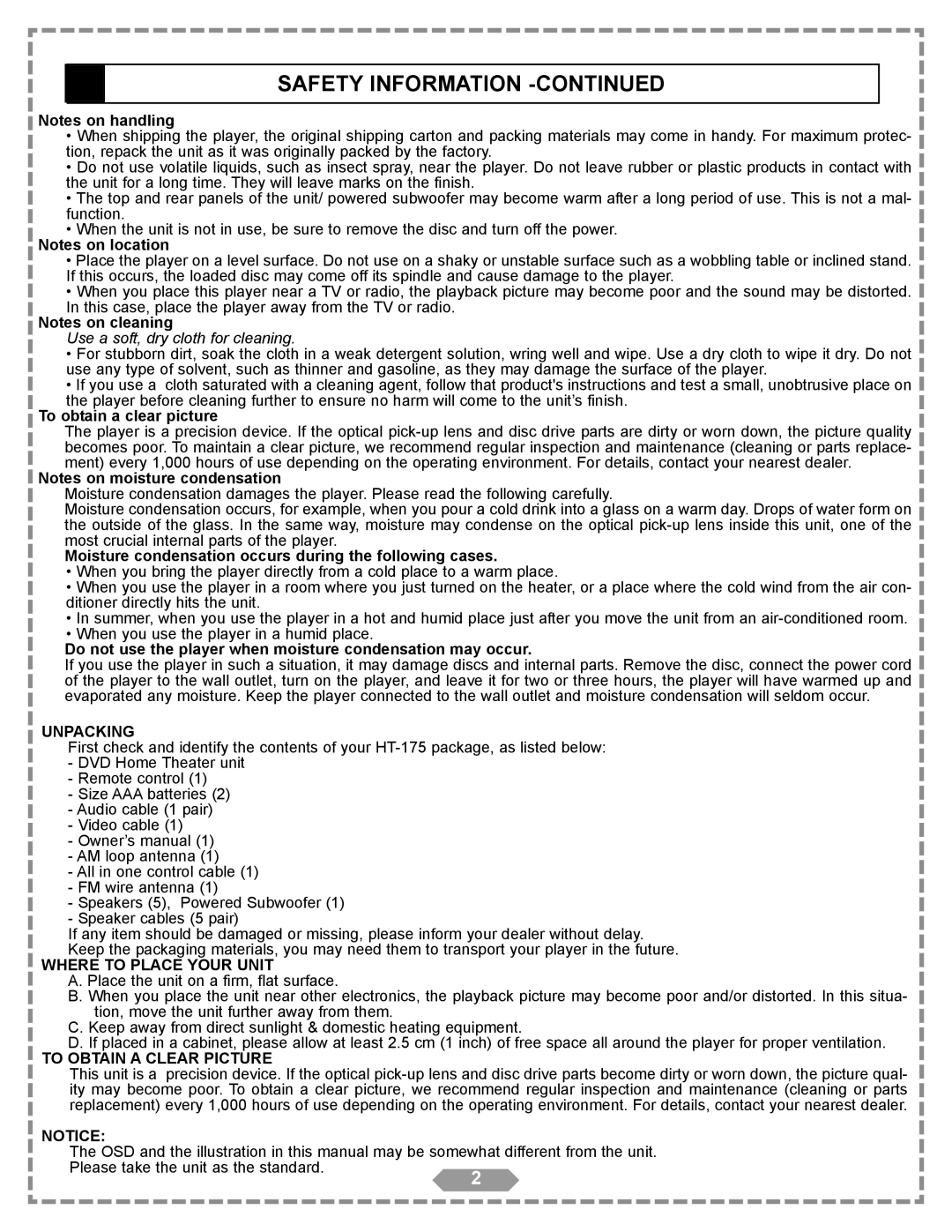 Apex Digital HT-175 manual Unpacking 