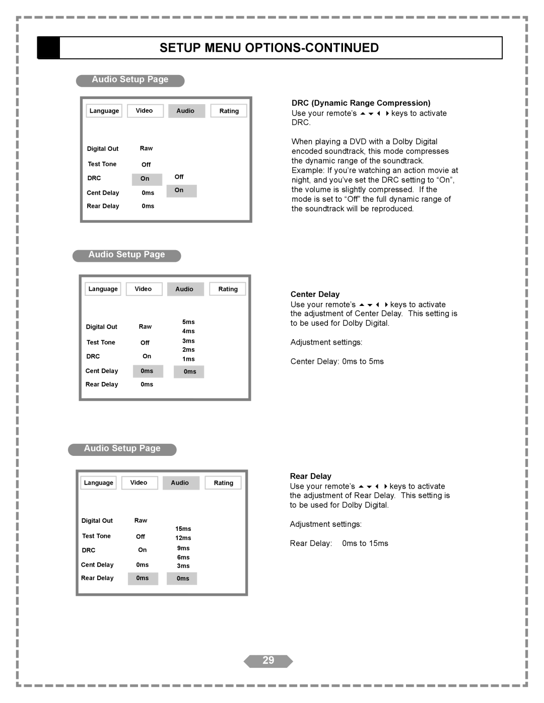 Apex Digital HT-175 manual More Audio Settings Audio Setup, DRC Dynamic Range Compression, Center Delay, Rear Delay 