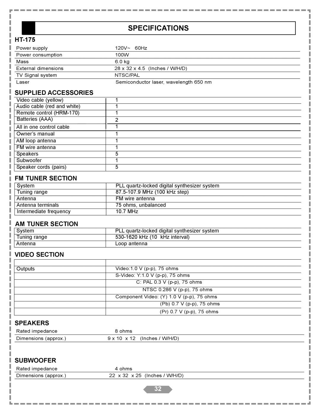 Apex Digital HT-175 manual Specifications 