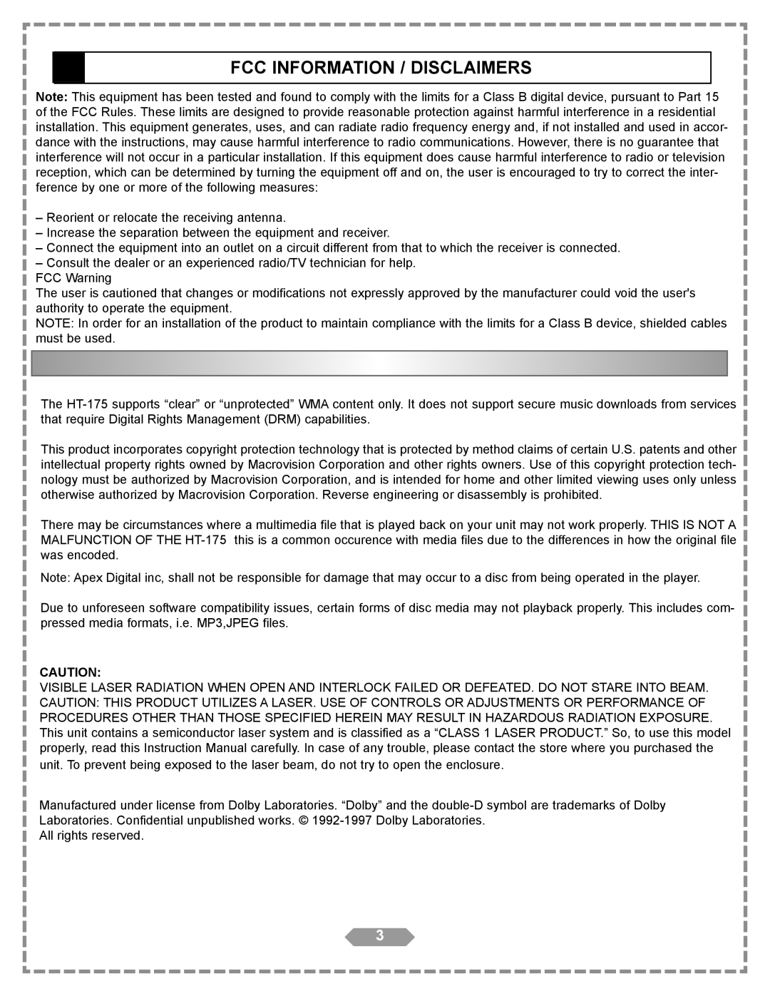 Apex Digital HT-175 manual FCC Information / Disclaimers 