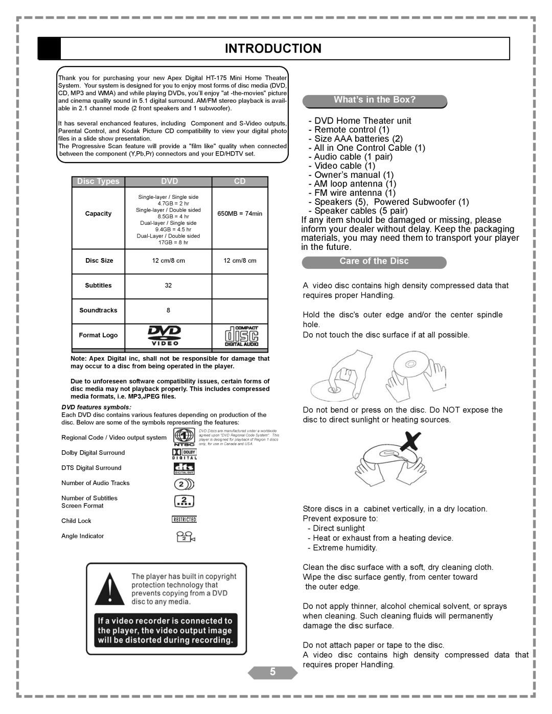 Apex Digital HT-175 manual Introduction, What’s in the Box?, Care of the Disc 