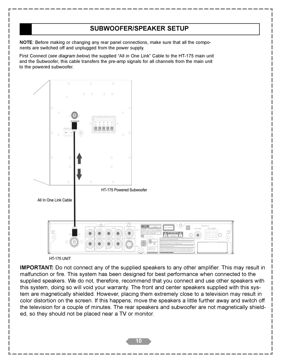 Apex Digital HT-175 manual Subwoofer/Speaker Setup 