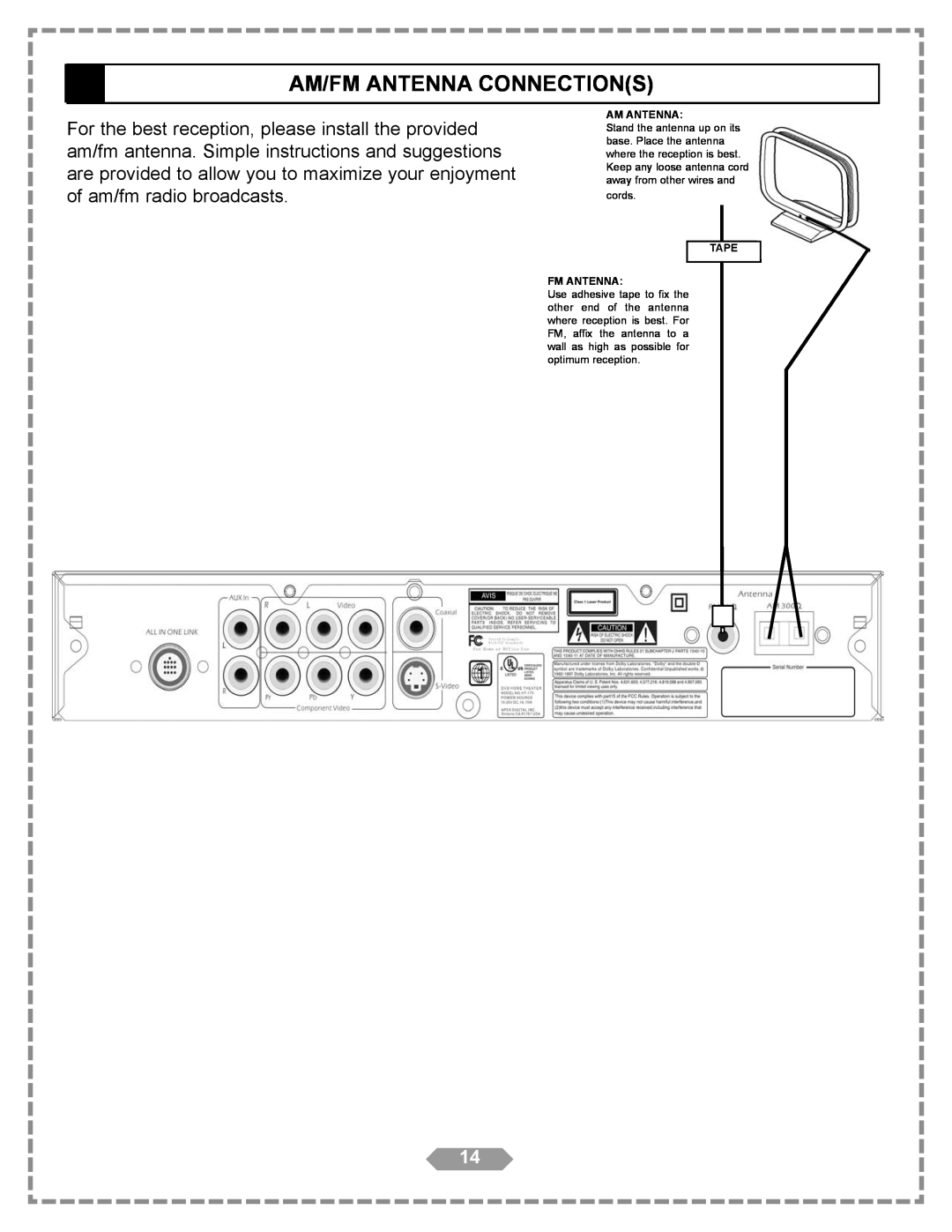 Apex Digital HT-175 manual Am/Fm Antenna Connections, Am Antenna, Tape Fm Antenna 