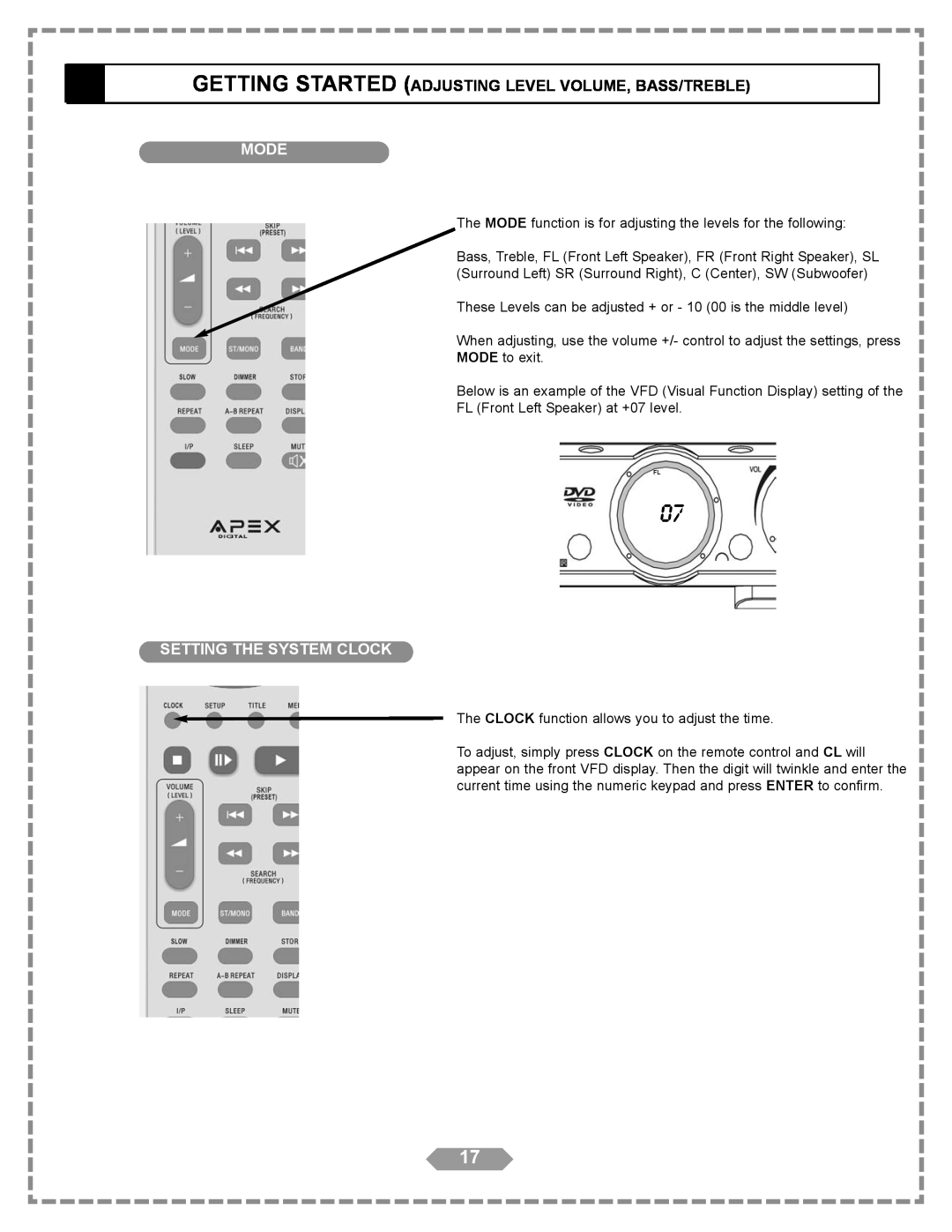 Apex Digital HT-175 manual Mode, Setting The System Clock 