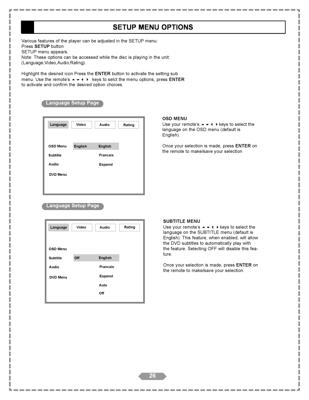 Apex Digital HT-175 manual Setup Menu Options, Language Setup Page, General Setup Page 