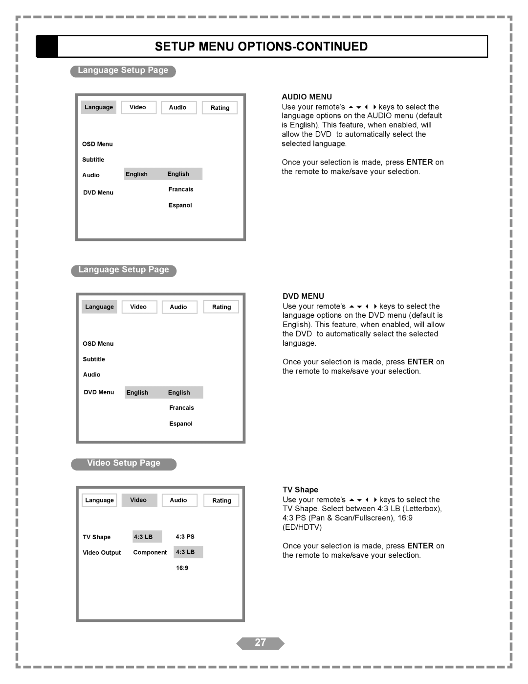 Apex Digital HT-175 manual Setup Menu Options-Continued, Language Setup Page, Video Setup Page, General Setup Page 