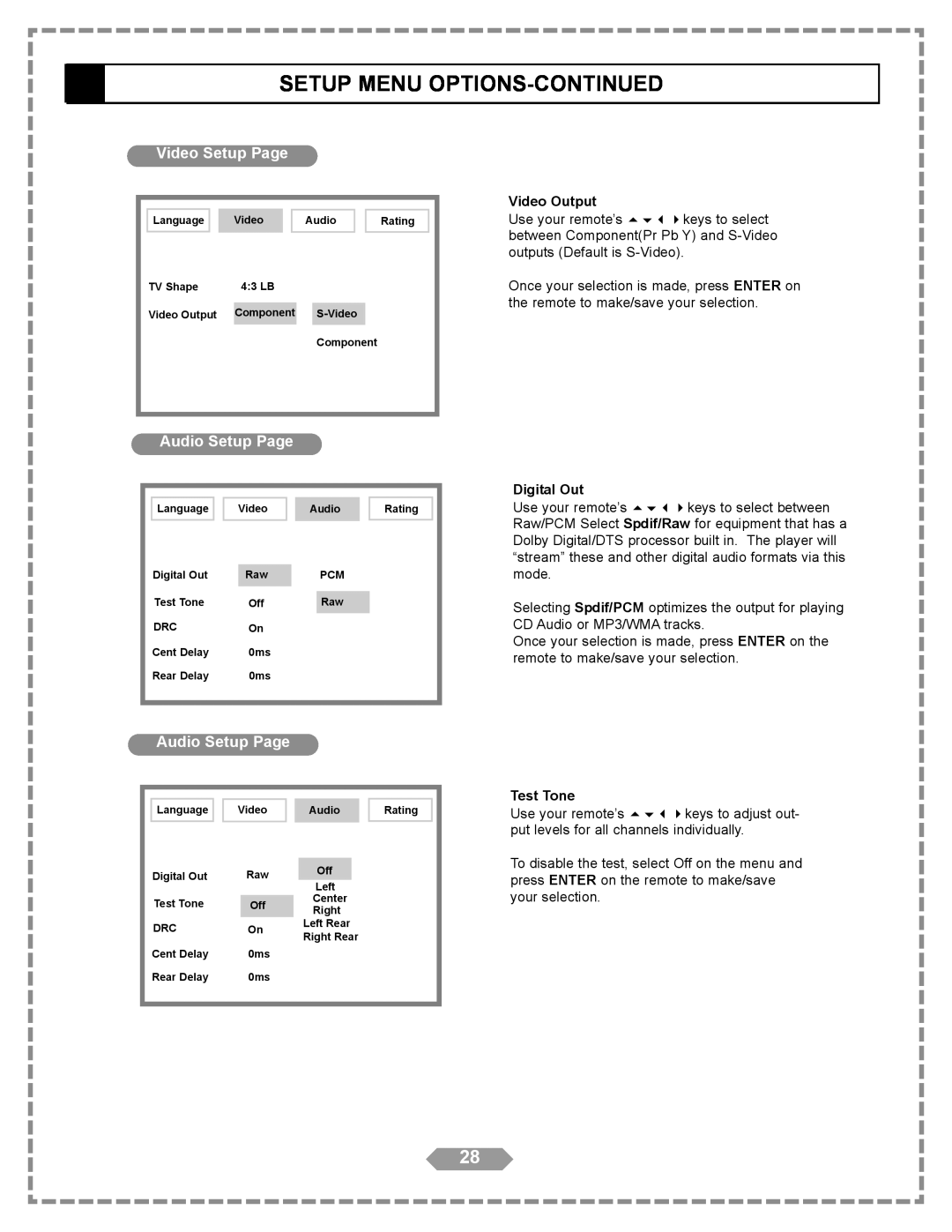 Apex Digital HT-175 manual Setup Menu Options-Continued, Video Setup Page, Audio Setup Page, General Setup Page 