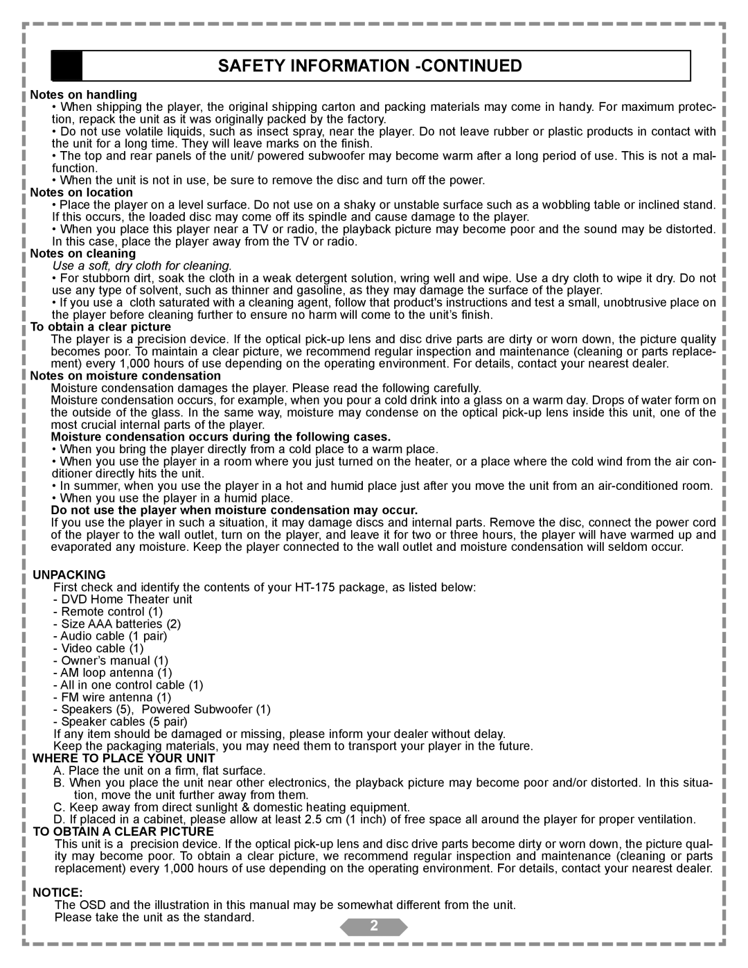 Apex Digital HT-175 manual Safety Information -Continued 