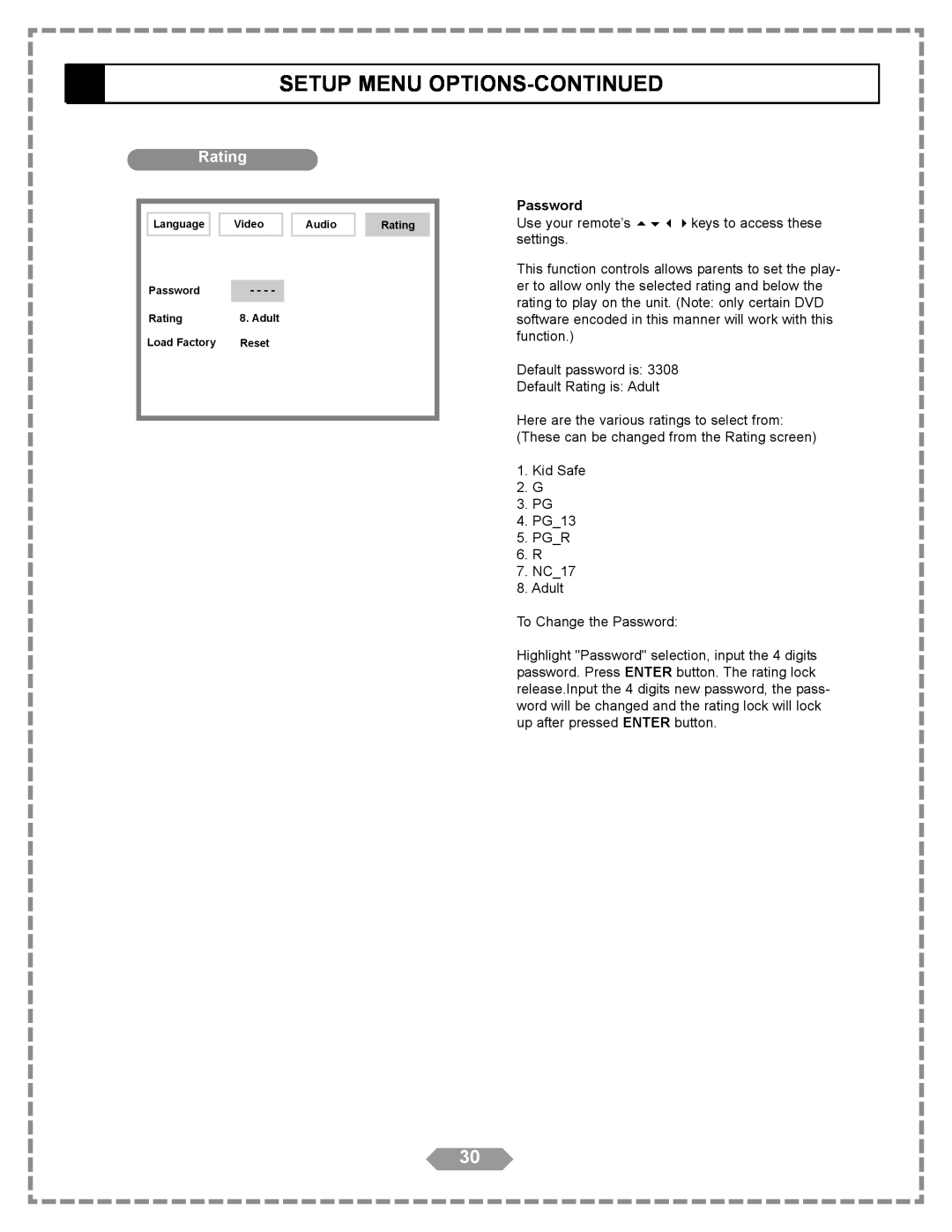 Apex Digital HT-175 manual Setup Menu Options-Continued, Rating, General Setup Page, Subtitle, Password 
