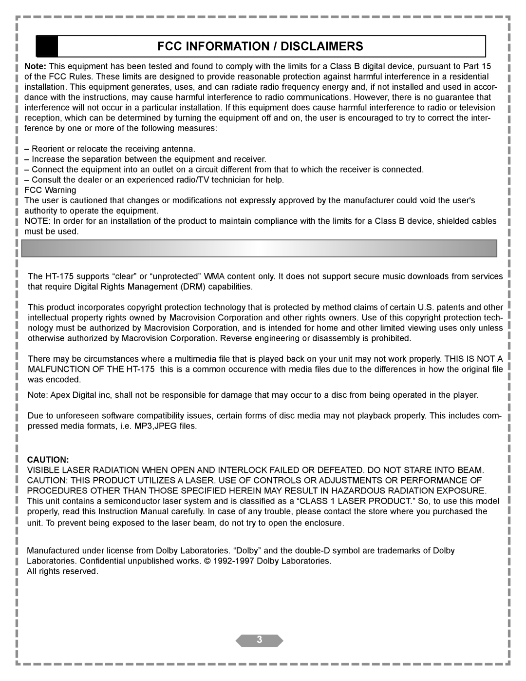 Apex Digital HT-175 manual Fcc Information / Disclaimers 