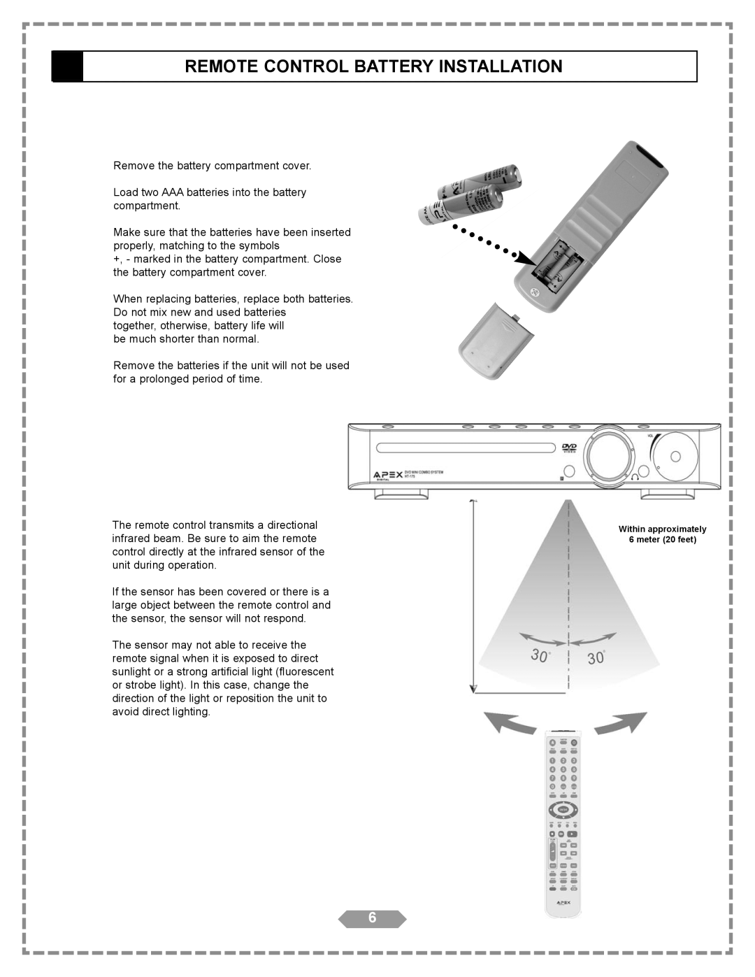 Apex Digital HT-175 manual Remote Control Battery Installation 