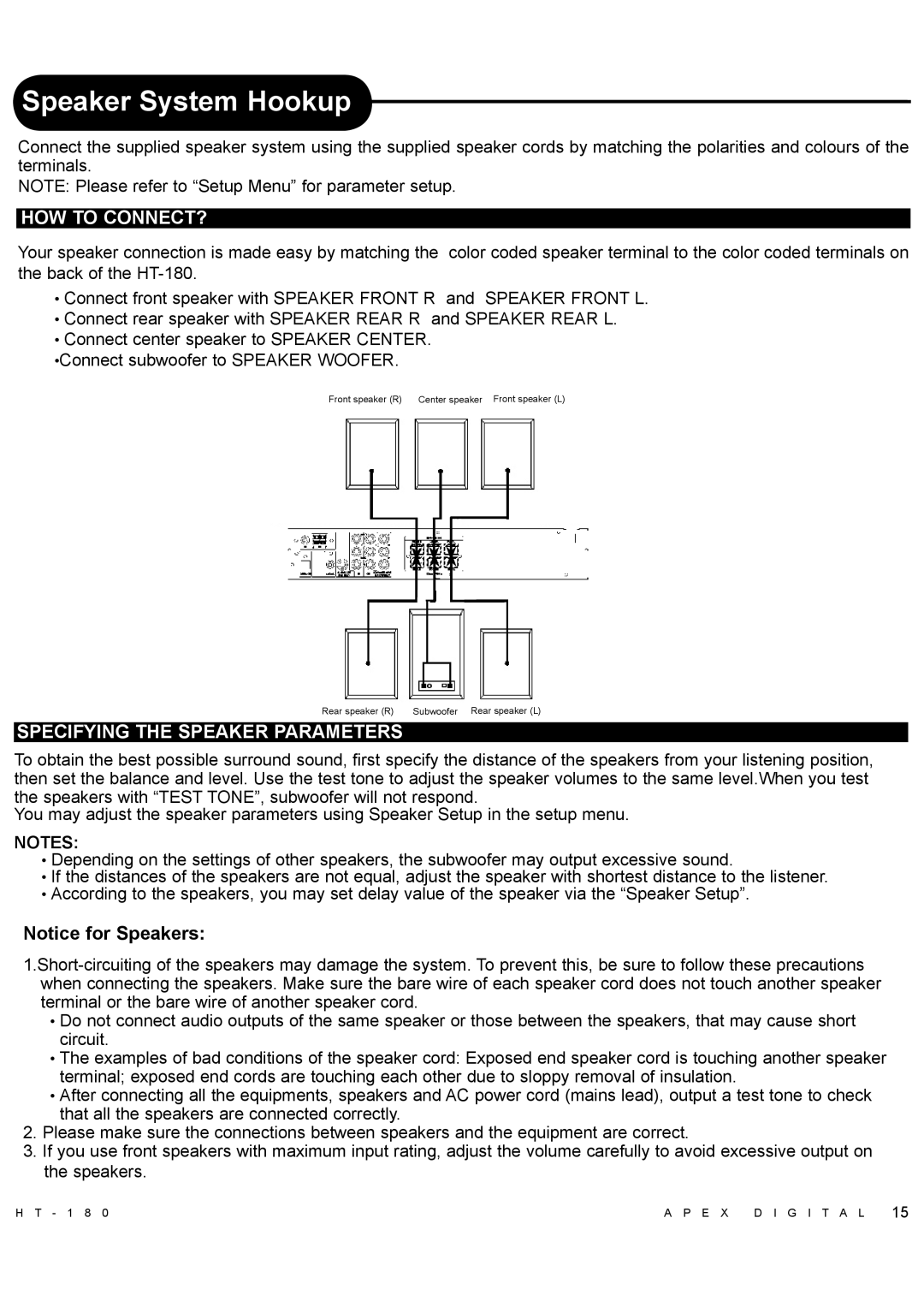 Apex Digital HT-180 manual Speaker System Hookup, HOW to CONNECT?, Specifying the Speaker Parameters 