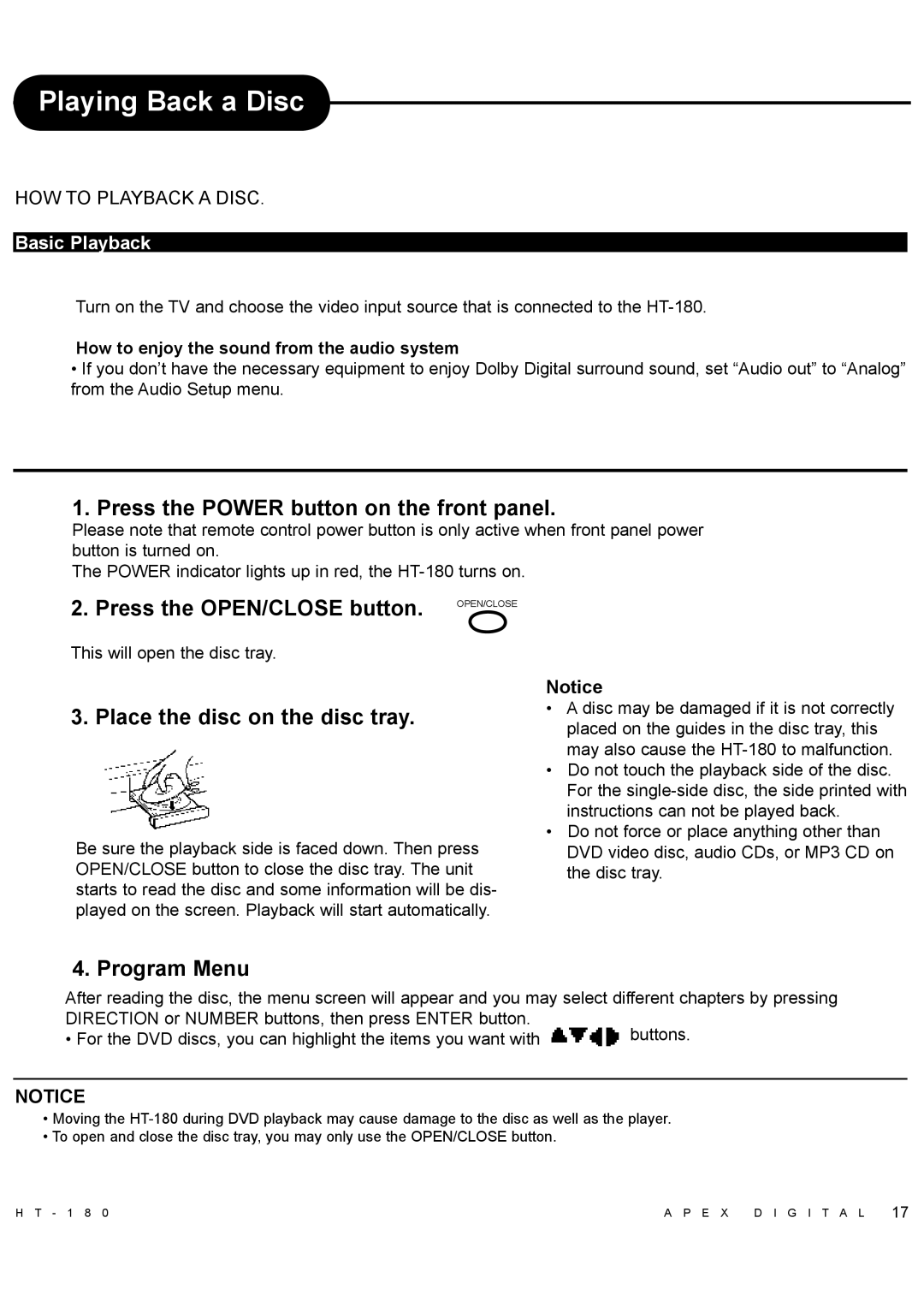 Apex Digital HT-180 manual Playing Back a Disc, Basic Playback, How to enjoy the sound from the audio system 