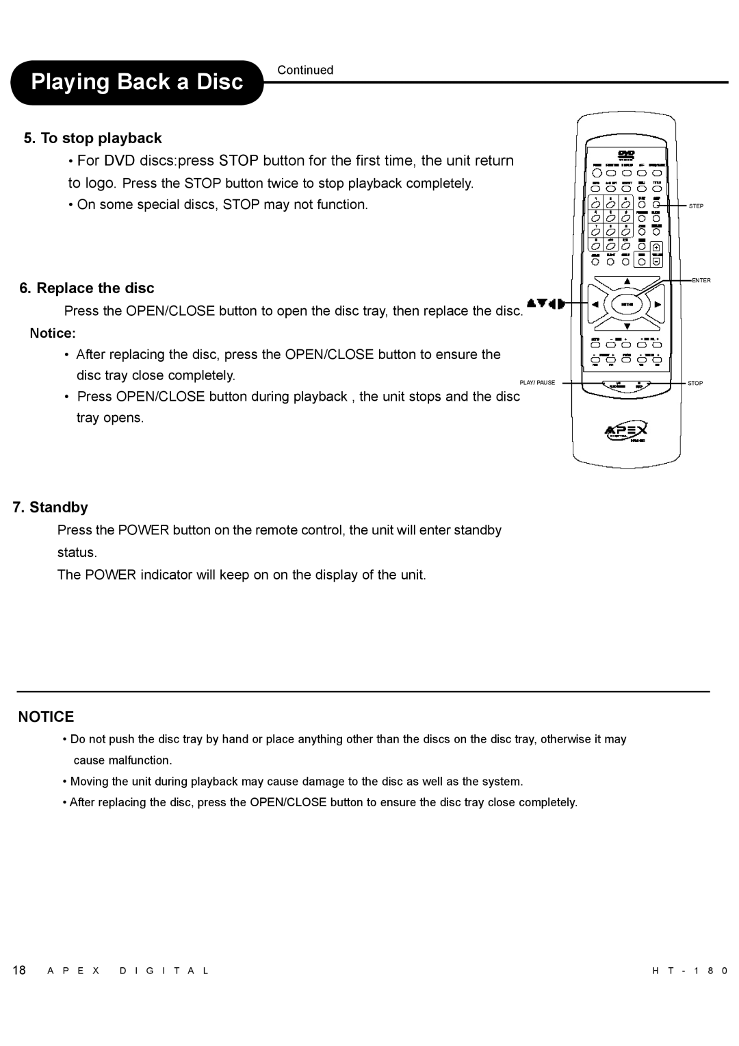 Apex Digital HT-180 manual To stop playback 