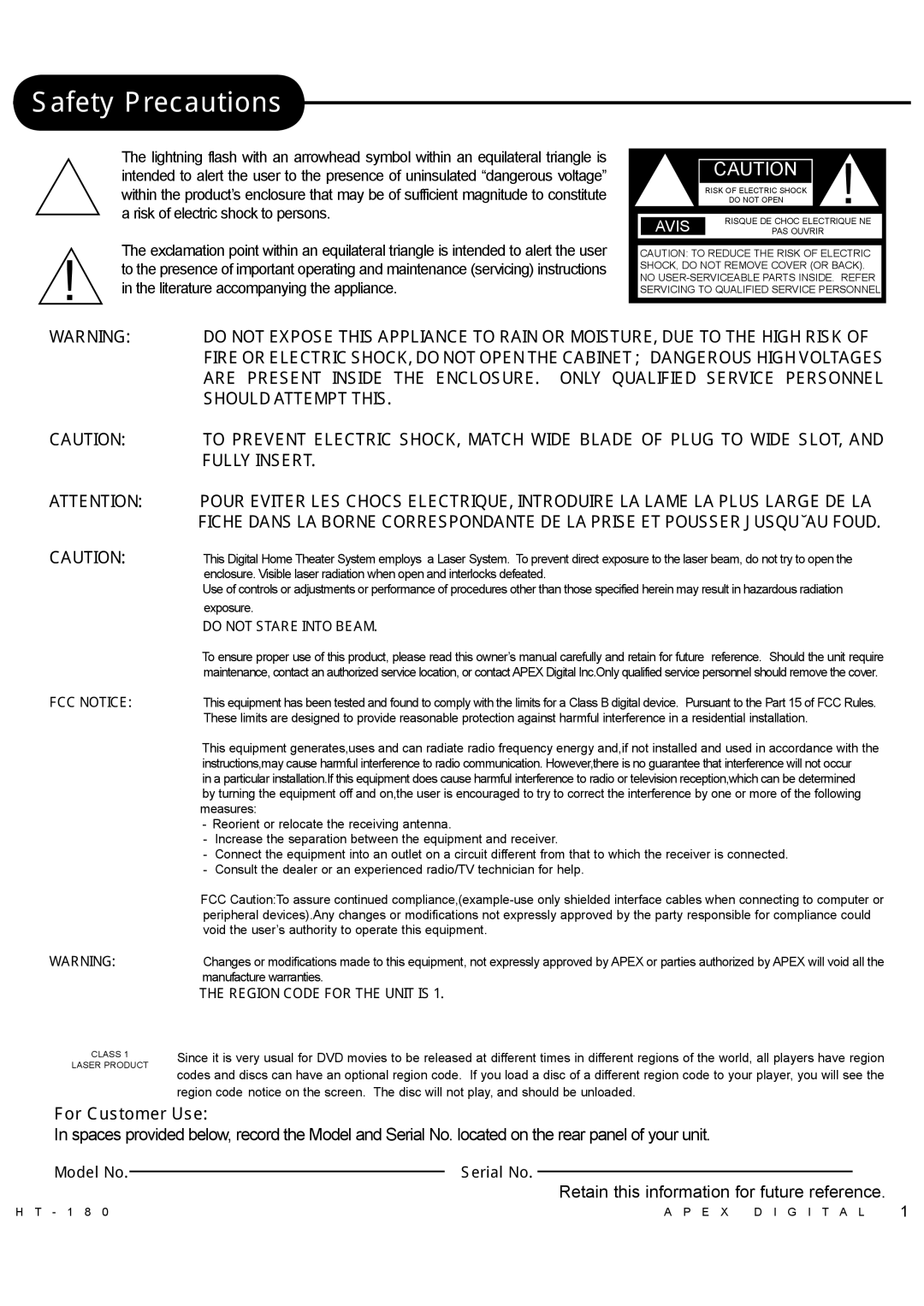 Apex Digital HT-180 manual Safety Precautions, For Customer Use, Retain this information for future reference 