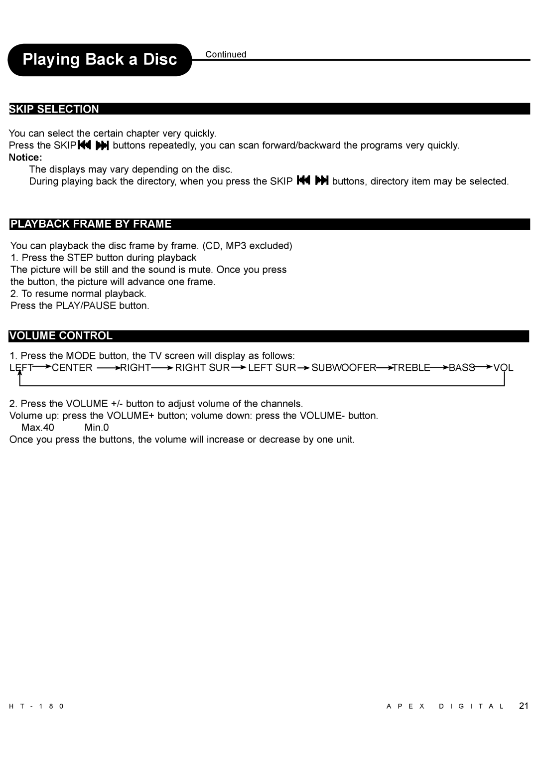 Apex Digital HT-180 manual Skip Selection, Playback Frame by Frame, Volume Control 