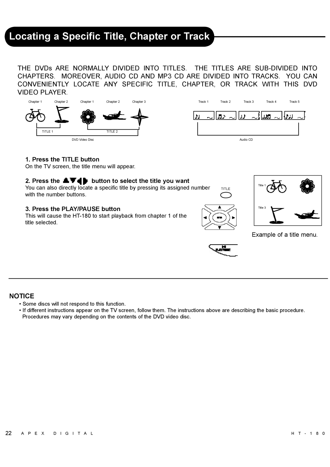 Apex Digital HT-180 manual Locating a Specific Title, Chapter or Track, Press the Title button, Press the PLAY/PAUSE button 