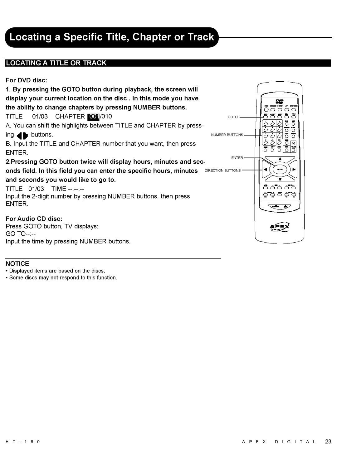 Apex Digital HT-180 manual Locating a Title or Track, 01/03 /010, For Audio CD disc 