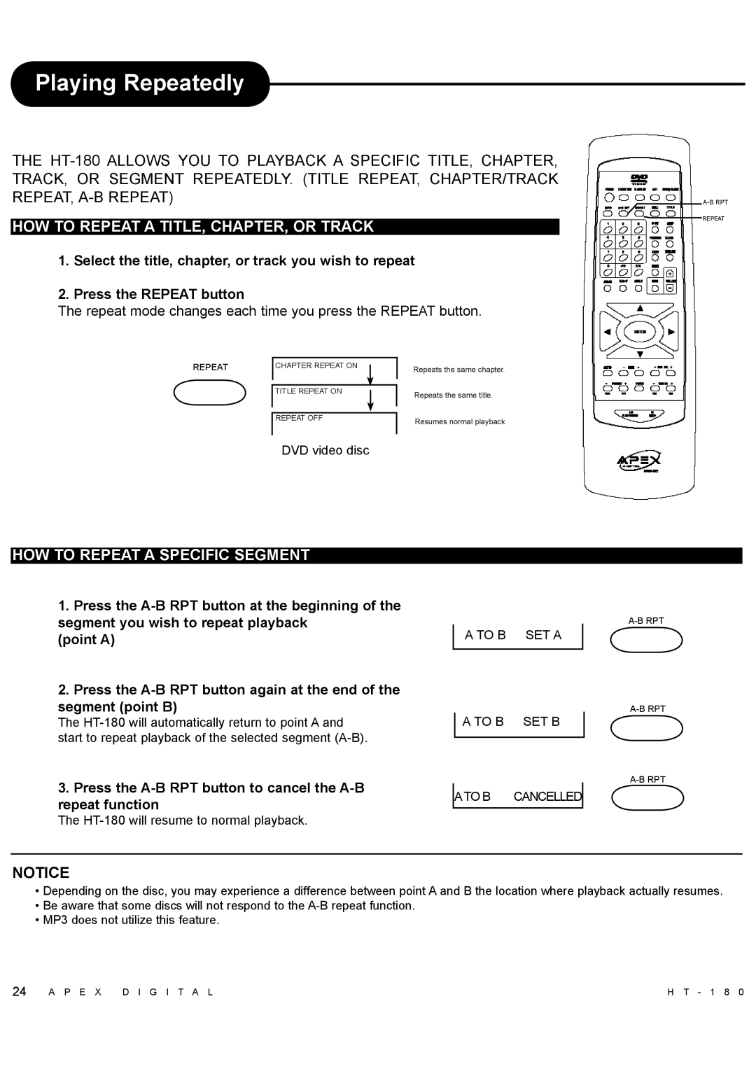 Apex Digital HT-180 manual Playing Repeatedly, HOW to Repeat a TITLE, CHAPTER, or Track, HOW to Repeat a Specific Segment 