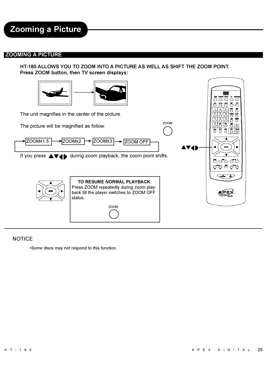 Apex Digital HT-180 manual Zooming a Picture, If you press during zoom playback, the zoom point shifts 