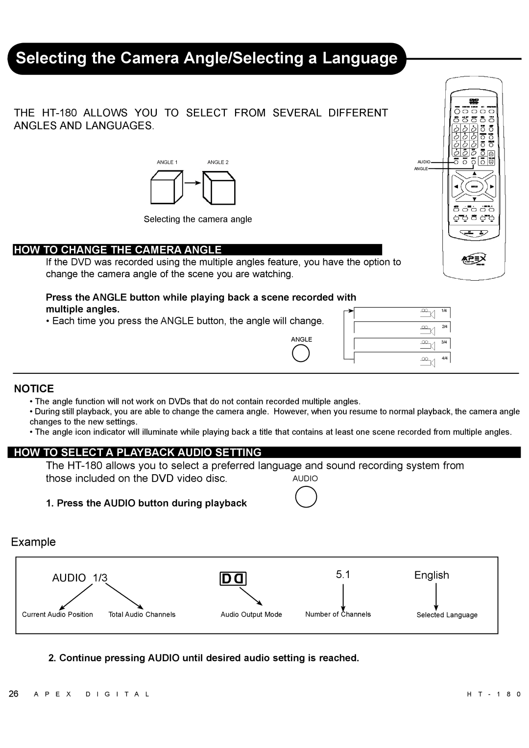 Apex Digital HT-180 manual Selecting the Camera Angle/Selecting a Language, HOW to Change the Camera Angle 