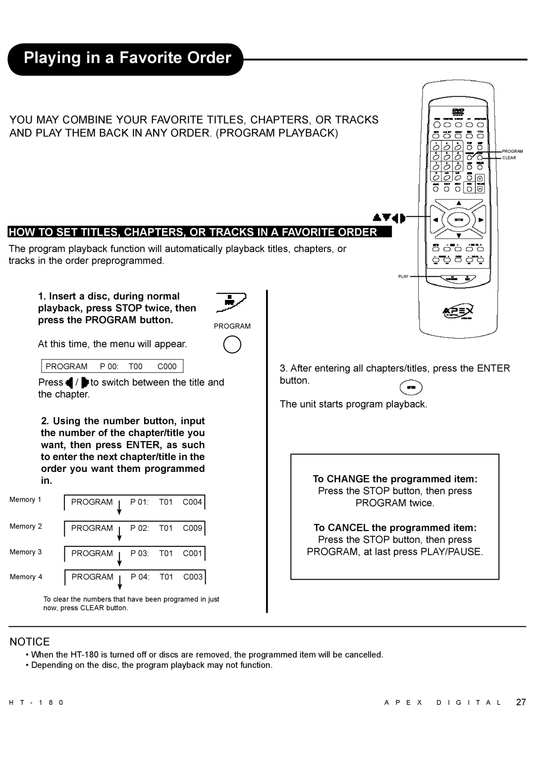 Apex Digital HT-180 manual Playing in a Favorite Order, HOW to SET TITLES, CHAPTERS, or Tracks in a Favorite Order 